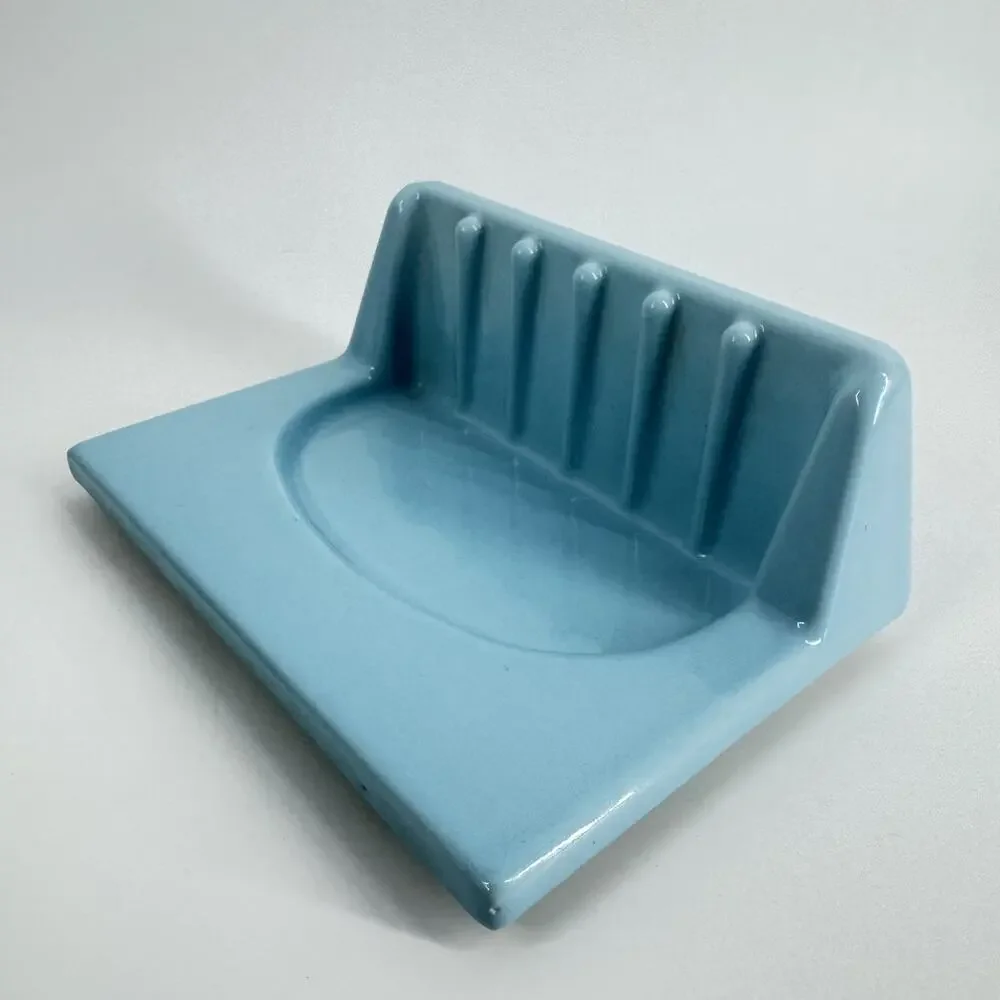 MCM Tile Soap Holder Shower Wall Mount Sky Blue Ceramic 70’s mid Century Vtg
